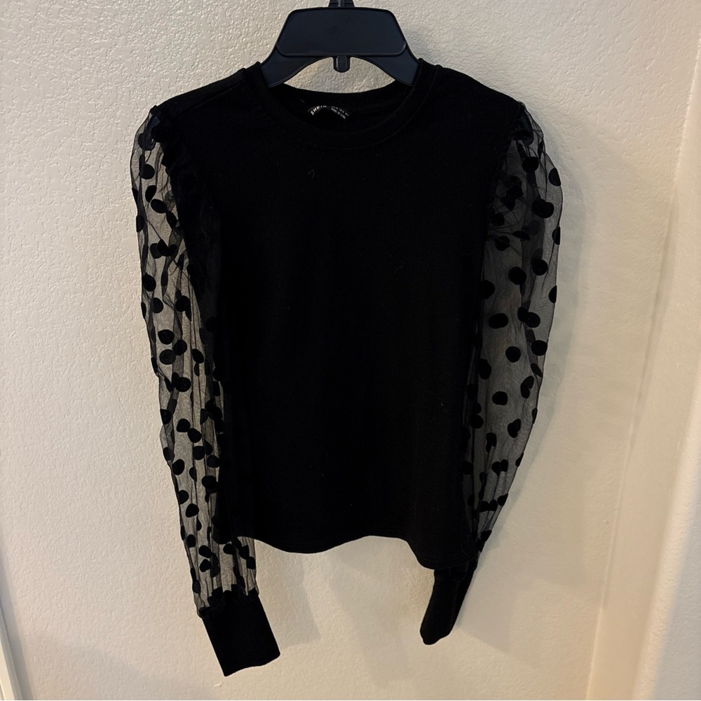 SHEIN Black Top with Sheer Polka Dot Sleeves